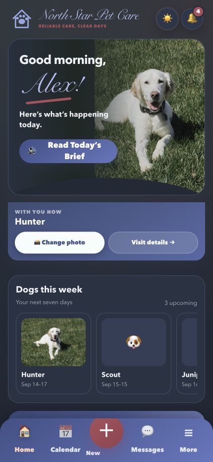 Current Pet Workspace phone layout with Hunter and the dogs visiting this week