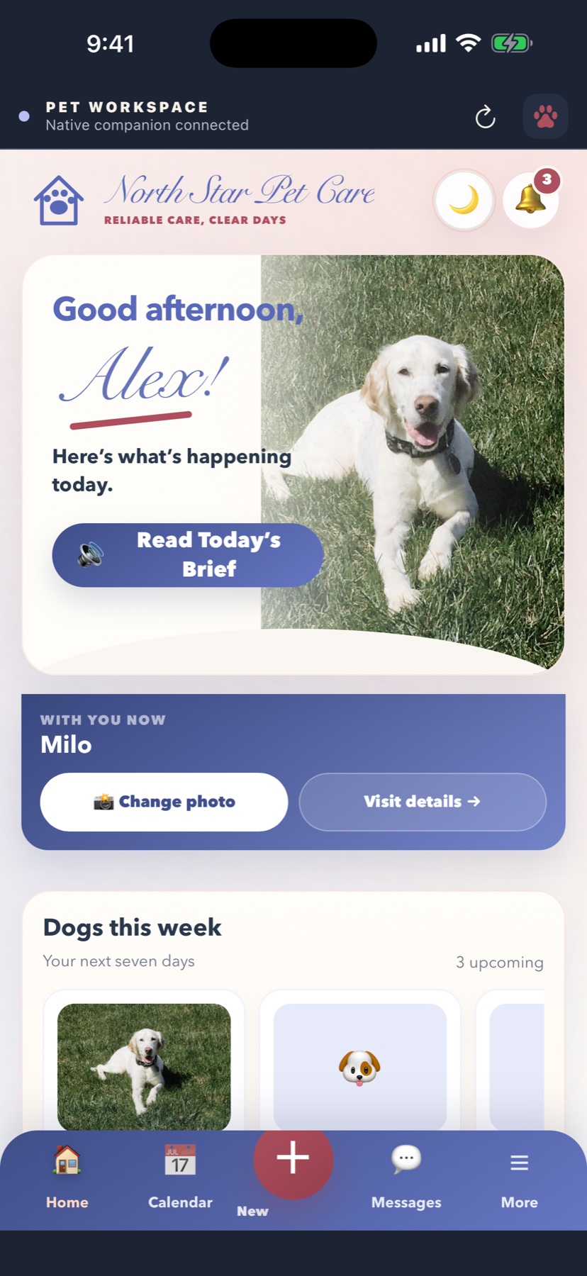 Pet Workspace dashboard shown on an iPhone