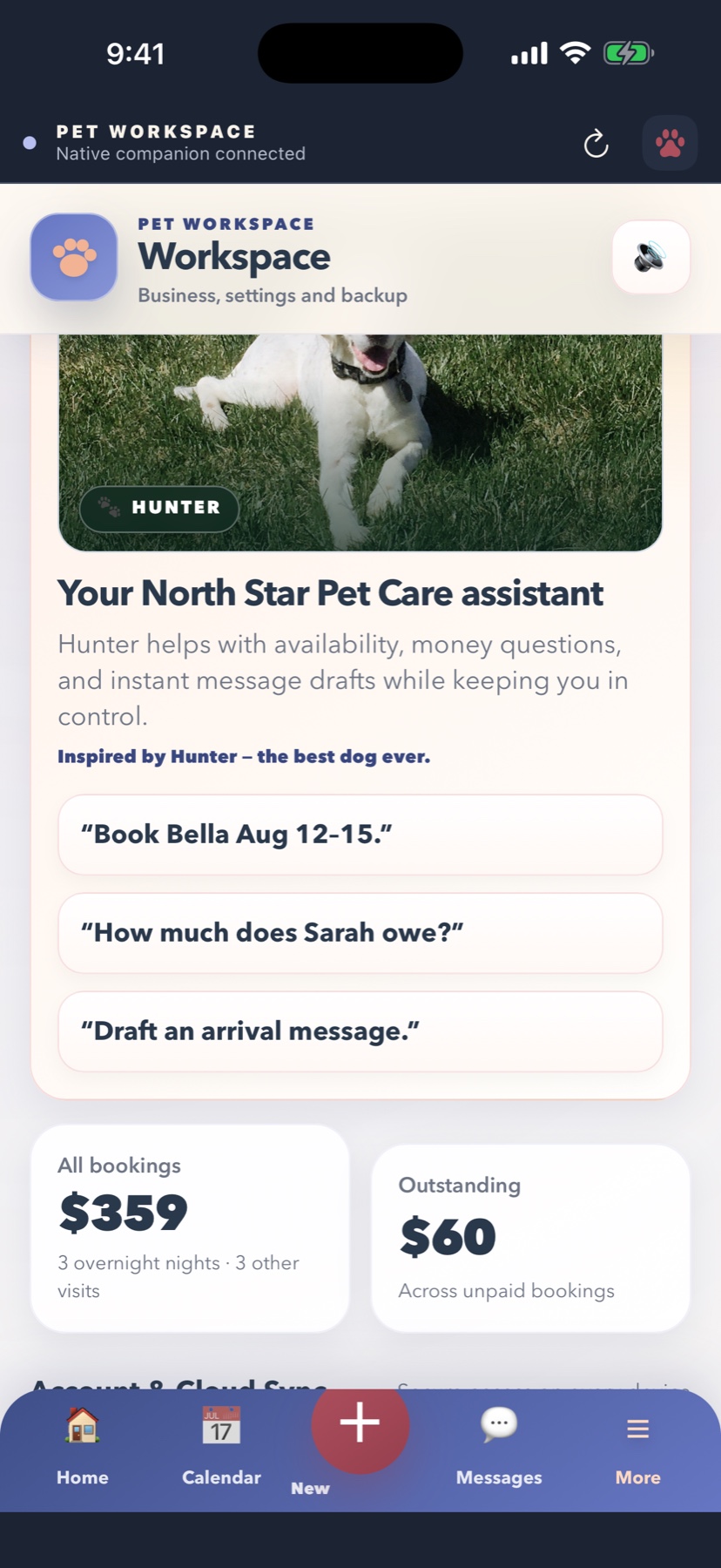 Hunter business assistant tools in Pet Workspace on iPhone