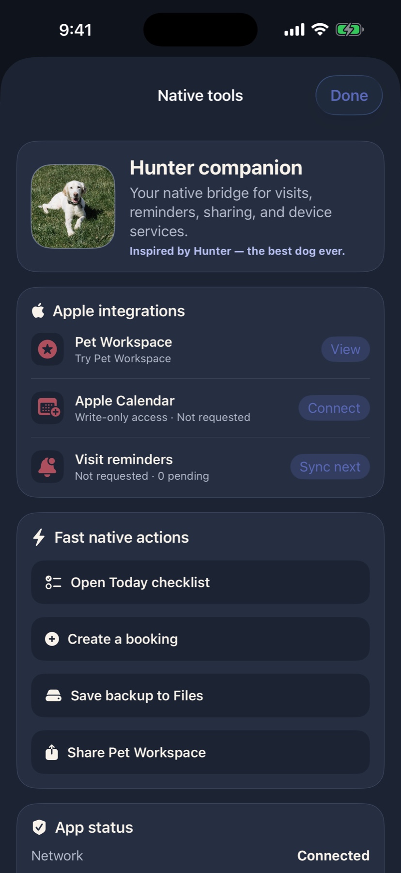 Pet Workspace native Apple integrations on iPhone