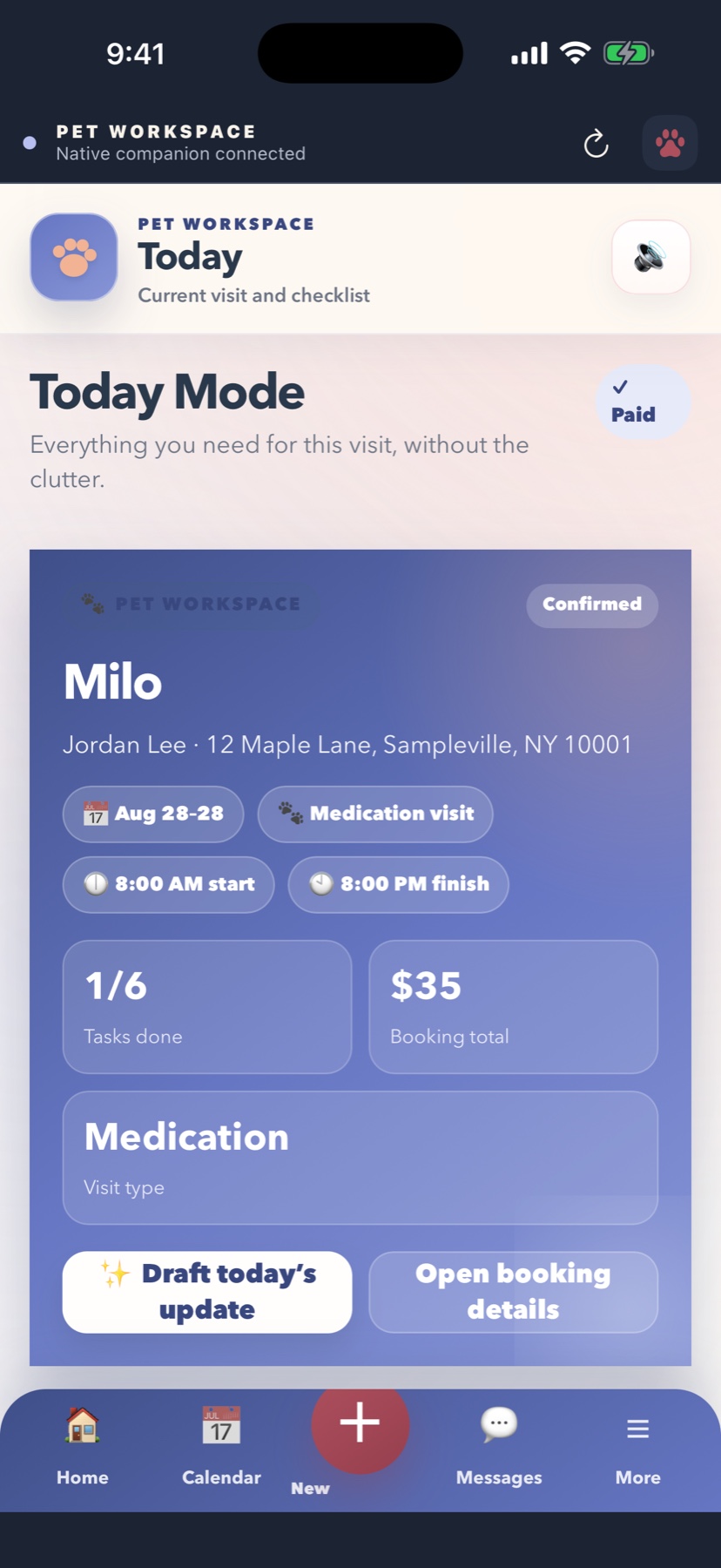 Pet Workspace Today view with a visit checklist, payment status, and booking details